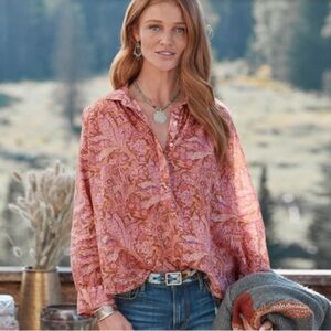 Sundance Blouse Popover Poppy Bloom M Paisley Print Buttons Orange Pink Boho